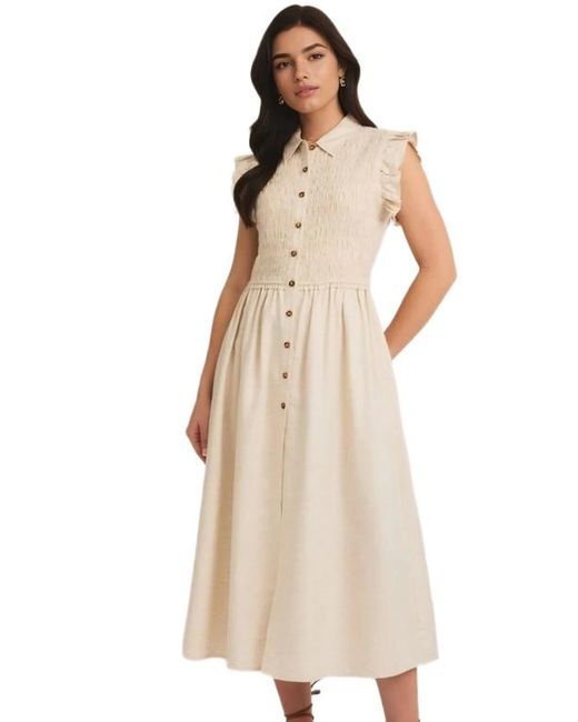 Knit & Lounge Natural Button-Front Midi Dress With Smocked Bodice And Ruffle Sleeves