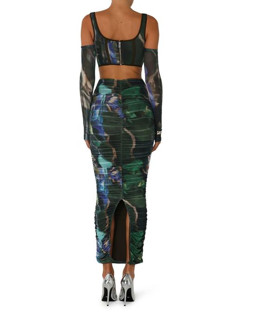 BY.DYLN Green By. Dyln Aria Abstract Print Cold Shoulder Long Sleeve Mesh Dress