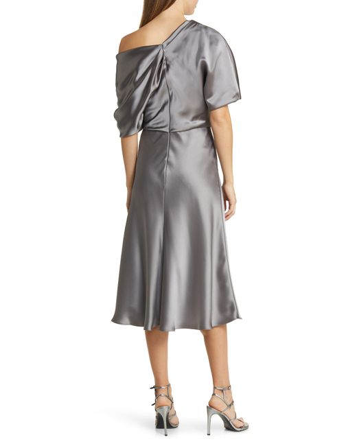 Amsale Gray One-shoulder Fluid Satin Cocktail Midi Dress
