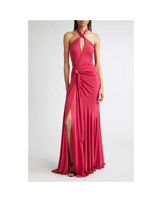 Cinq À Sept Red Gulliame Tie Front Halter Gown