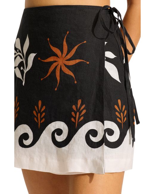 Seafolly Black Print Wrap Linen Cover-up Miniskirt