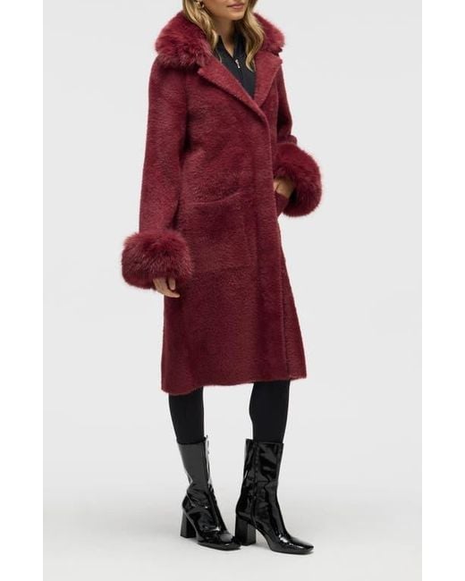 NVLT Red Faux Fur Trim Longline Sweater Coat