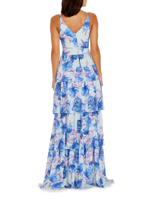 Dress the Population Blue Lorain Floral Print Tiered Ruffle Gown