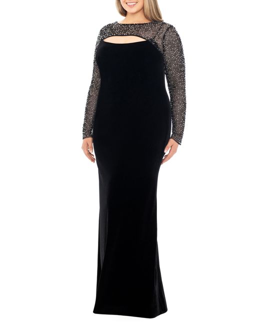Betsy & Adam Black Faraj Embellished Cutout Long Sleeve Velvet Gown