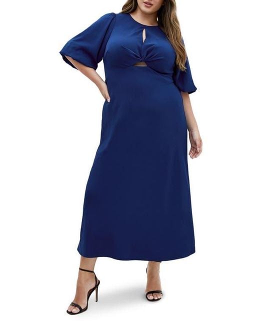 City Chic Blue Ines Twist Front Puff Sleeve Maxi Dress