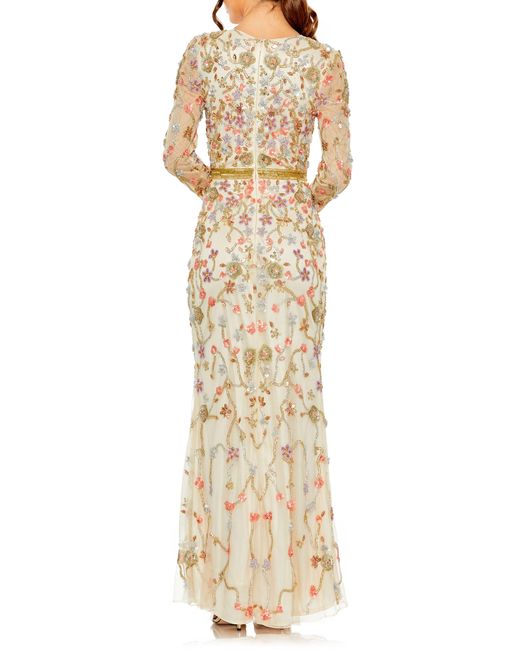 Mac Duggal Natural Beaded Floral Long Sleeve Gown