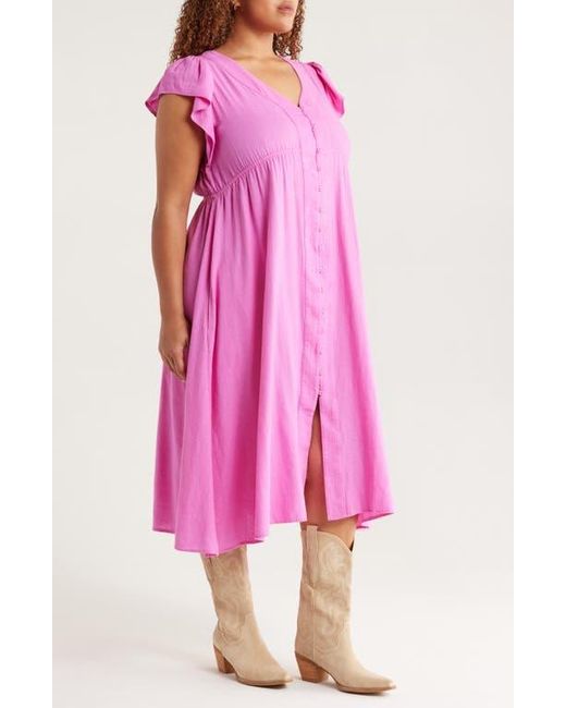 Treasure & Bond Pink Short Sleeve Button Down Linen Blend Midi Dress