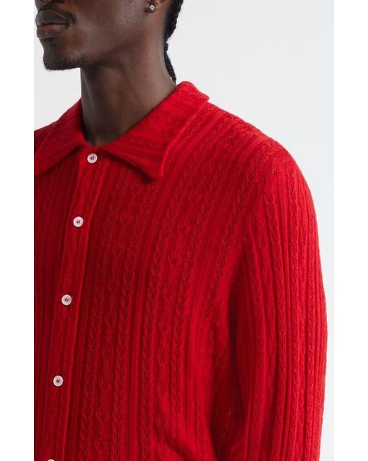 Séfr Riku Merino Wool Cable Knit Button-Up Shirt in Red for Men | Lyst
