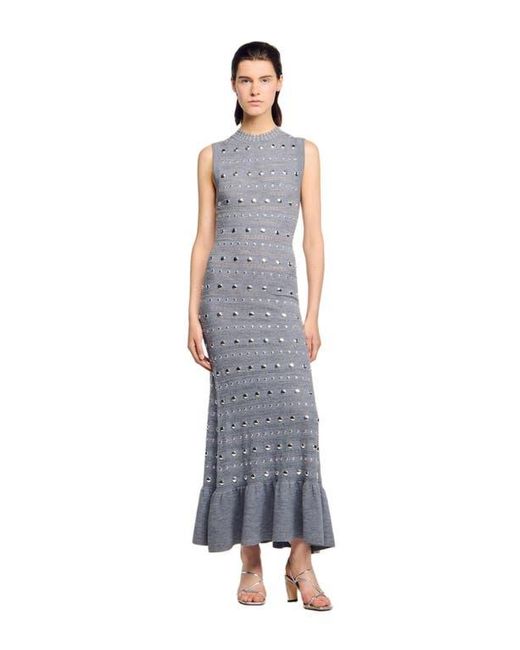 Sandro Blue Knit Maxi Dress With Studs