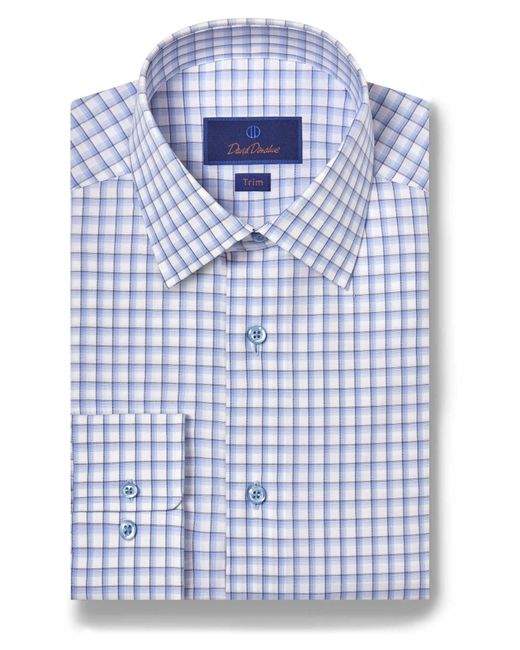 David Donahue Blue Trim Fit Dobby Check Cotton Dress Shirt for men