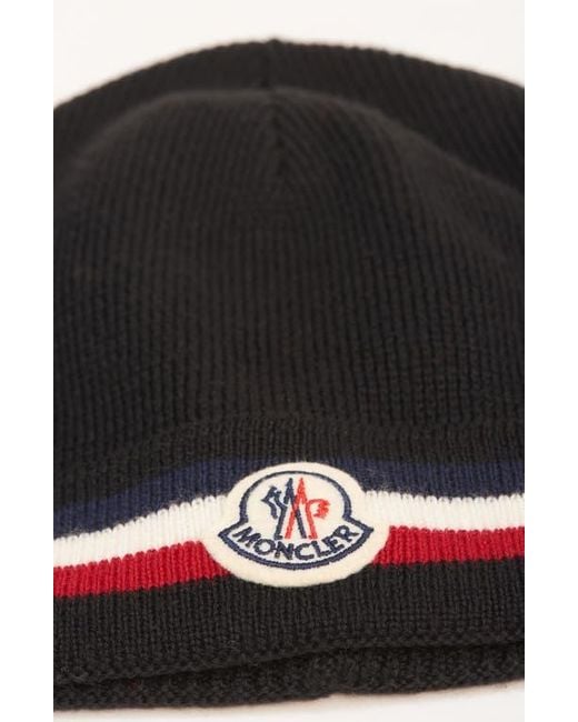 Moncler Black Tricolor Stripe Virgin Wool Beanie for men