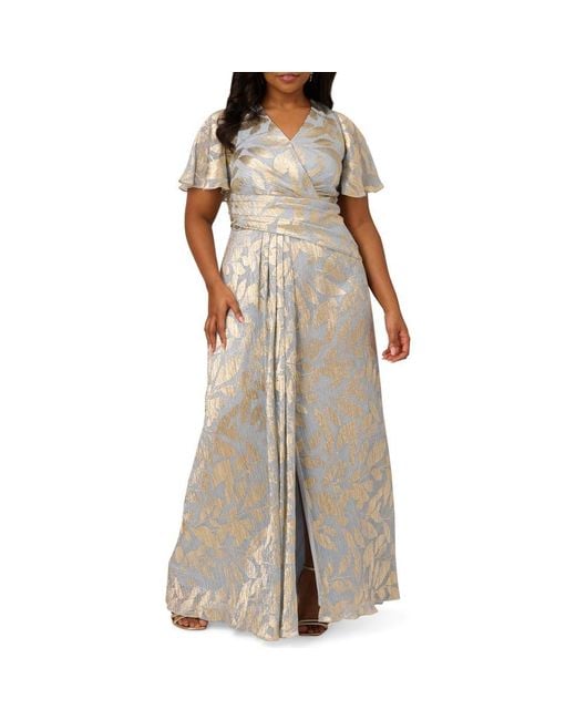 adrianna papell gold leaf dress Foil Leaf Short Sleeve Gown With Draped Details In Light Blue Gold main image 1