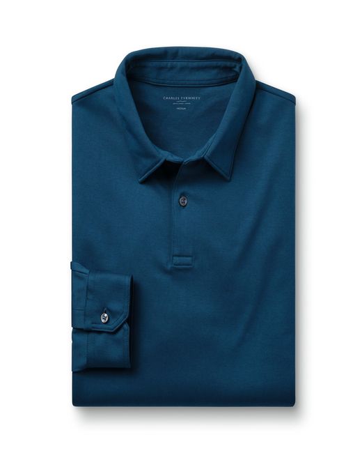 Charles Tyrwhitt Blue Plain Long Sleeve Jersey Polo for men