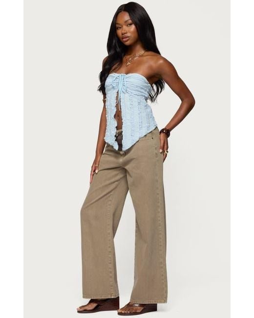 Edikted Blue Textured Ruffle Split Front Strapless Top