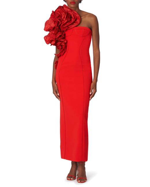 Carolina Herrera Dramatic Rosette Oneshoulder Crepe Column Gown in Red