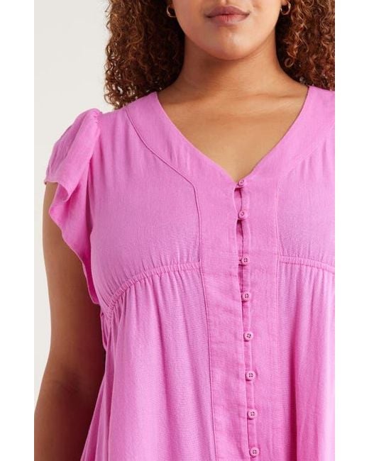 Treasure & Bond Pink Short Sleeve Button Down Linen Blend Midi Dress