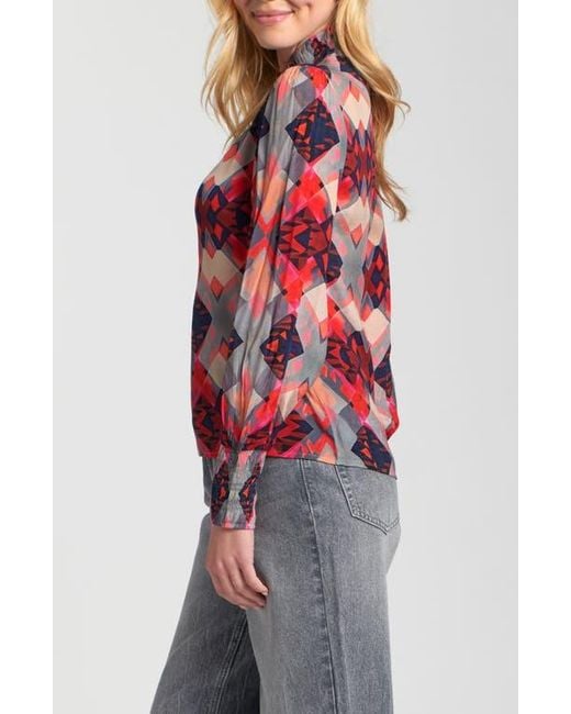 Apny Red Puff Shoulder Button Front Top