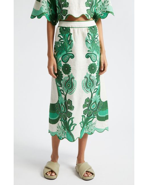 Farm Rio Green Festival Floral Linen Midi Skirt