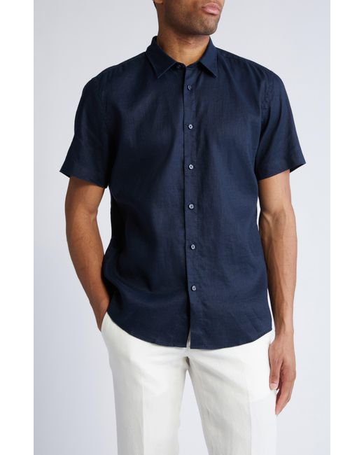 Boss Blue Liam Slim Fit Solid Short Sleeve Linen Blend Button-up Shirt for men