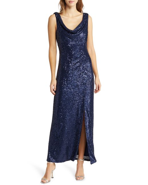 Pisarro Nights Sequin Cowl Neck Gown in Blue Lyst