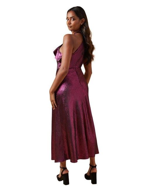 Oasis Purple Foil Halterneck Ruffle Foil Midaxi Dress