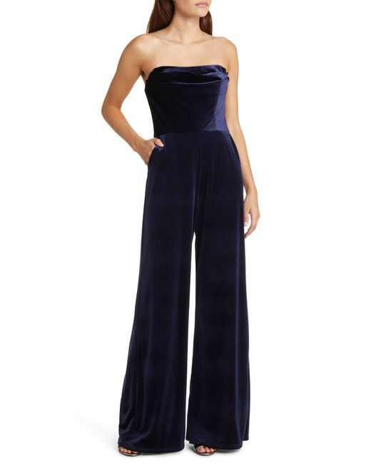 Amsale Blue Strapless Velvet Jumpsuit