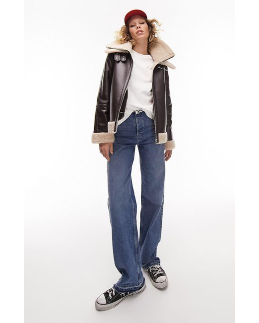 Faux Leather Aviator Jacket With Faux Fur Trim in Blue Lyst