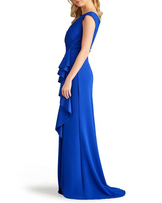 Tadashi Shoji Blue Asymmetric Neck Side Ruffle Fit & Flare Gown