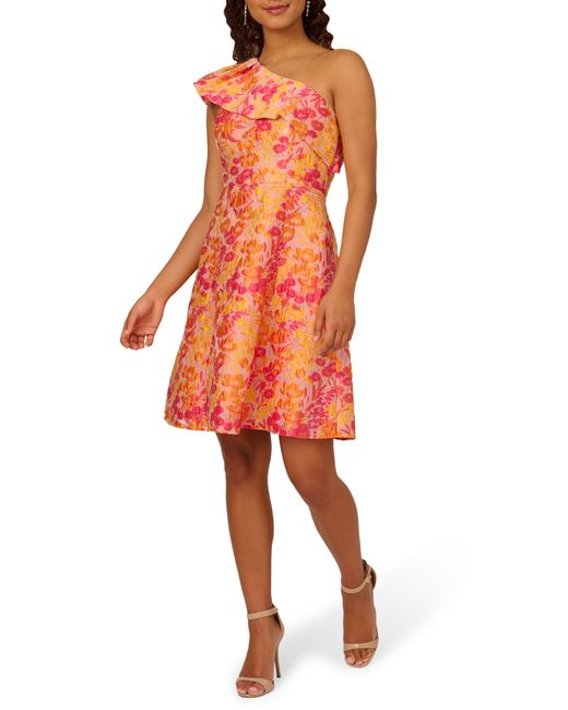 Adrianna Papell Red Floral Jacquard One-shoulder Cocktail Dress