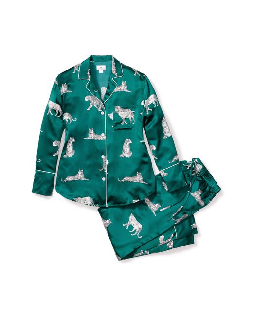 Petite Plume Green Panthre De Nuit Piped Mulberry Silk Pajamas