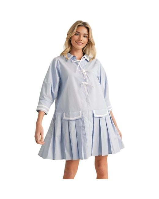 Knit & Lounge Blue Pleated Contrast Trim Front Tie Mini Dress