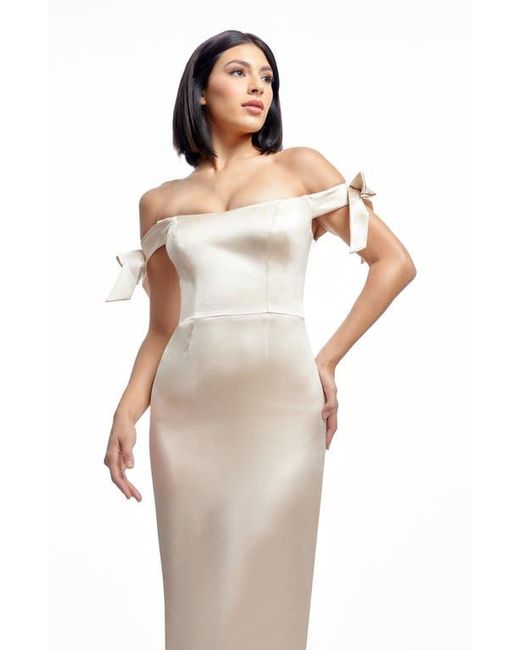 Dress the Population Natural Verona Off The Shoulder Satin Midi Cocktail Dress