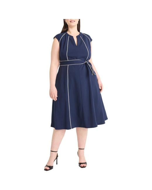 Maggy London Blue Contrast Piping Belted Midi Dress
