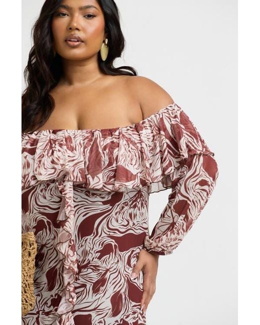 FASHION-SZN CURVE Brown Curve Ruffle Bardot Midaxi Dress