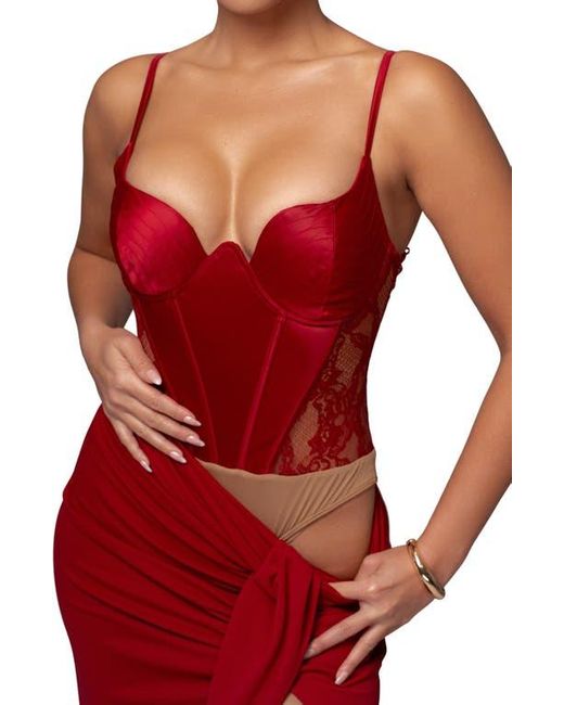 JLUXLABEL Red Incomparable Lace Inset Satin Bodysuit