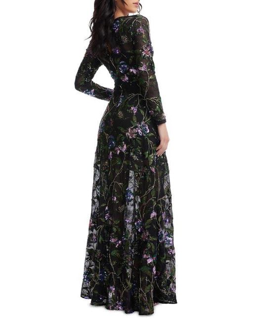 Dress the Population Black Ava Sequin Floral Long Sleeve A-Line Gown