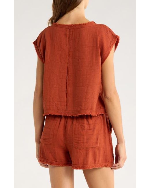 Elan Red Bali Fray Edge Cotton Cover-Up Crop Top