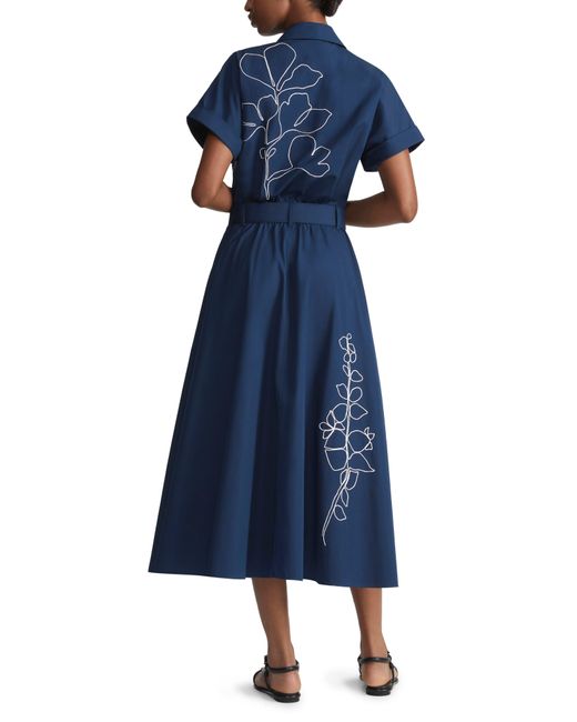 Lafayette 148 New York Blue Floral Embroidered Belted Cotton Poplin Shirtdress