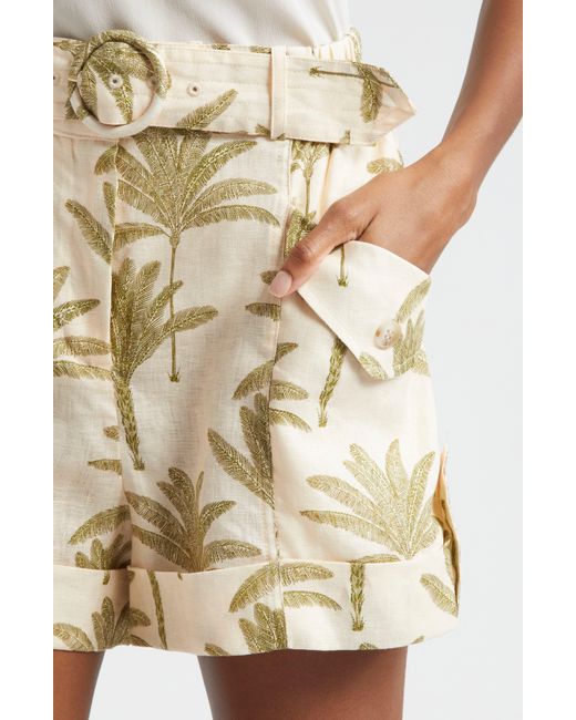 Reiss Natural Cali Palm Print Belted Linen Shorts