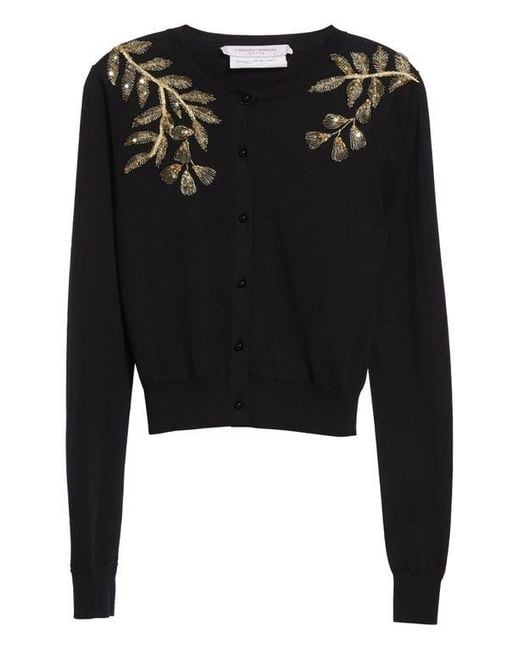 Carolina Herrera Black Leaf Embroidered Silk & Cotton Cardigan