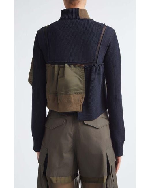 Sacai Black Patchwork Mixed Media Crop Jacket