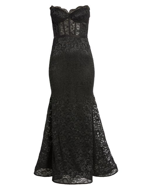 Morgan & Co. Black Glitter Lace Strapless Mermaid Gown