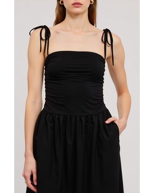 Modenaire Black Ruched Bodice Tie Strap Gathered Skirt Midi Dress
