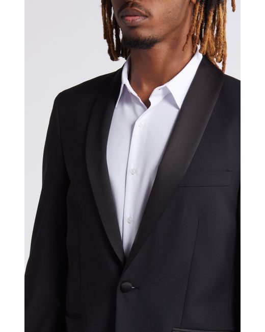 Open Edit Black Shawl Collar Stretch Wool Blend Tuxedo Jacket for men