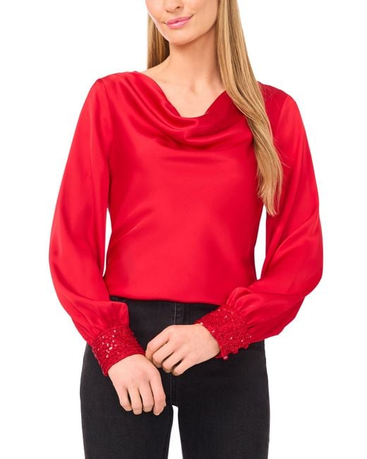Cece Red Cowl Neck Sequin Cuff Charmeuse Top