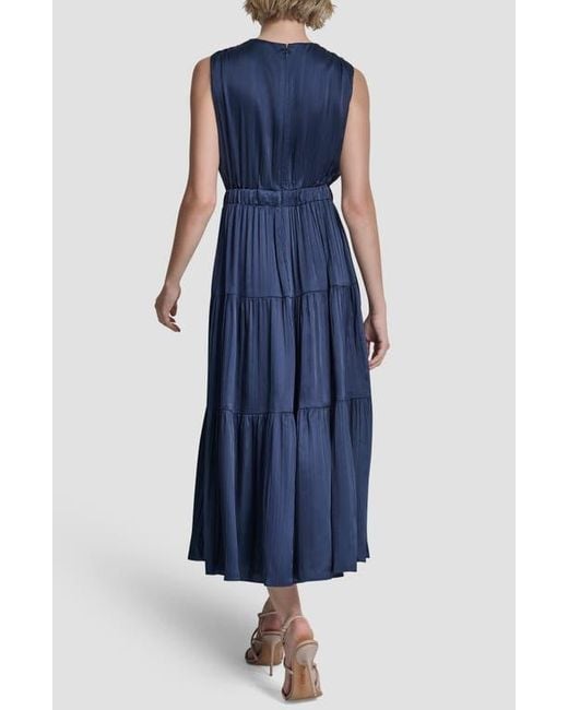 DKNY Pleated Tie Waist Satin Midi Dress in Blue | Lyst