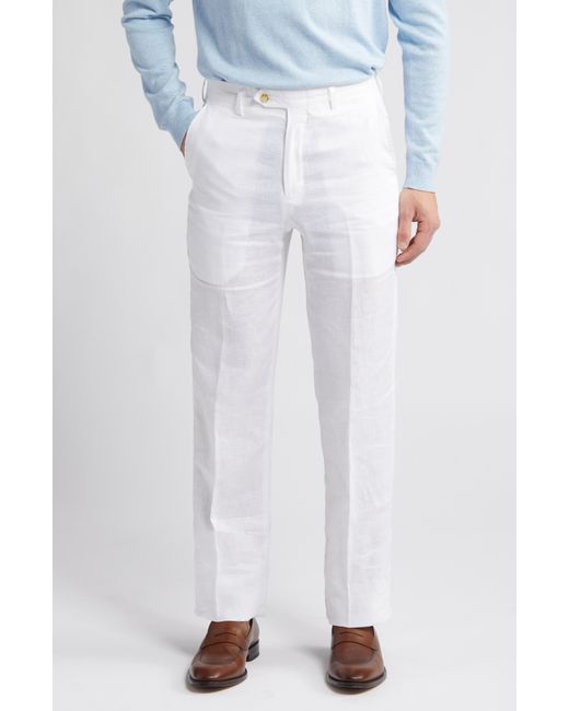 Berle White Flat Front Linen Dress Pants for men