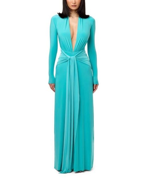 Naked Wardrobe Women's Blue Plunge Neck Long Sleeve Dress