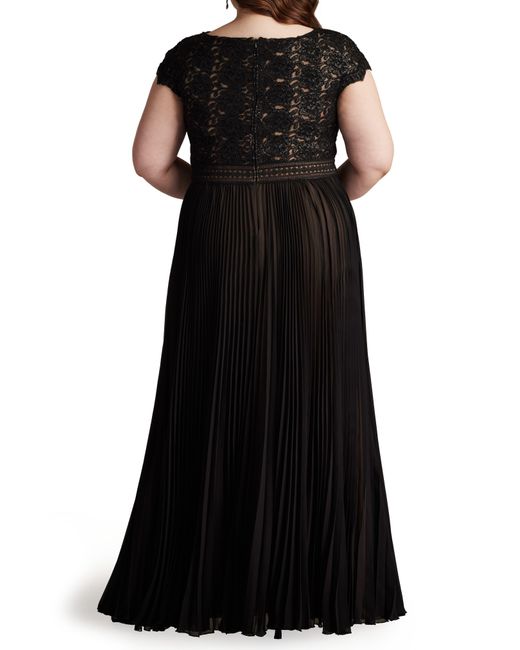 Tadashi Shoji Black Sequin & Lace Bodice Pleated A-line Gown