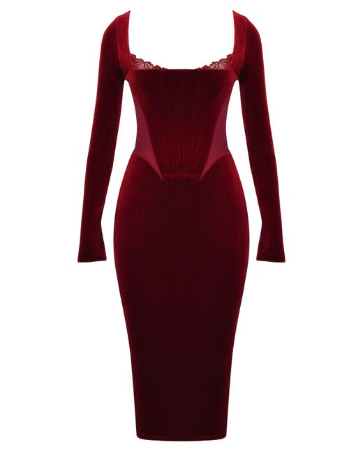 House Of Cb Red Solaine Lace Trim Long Sleeve Velvet Midi Dress